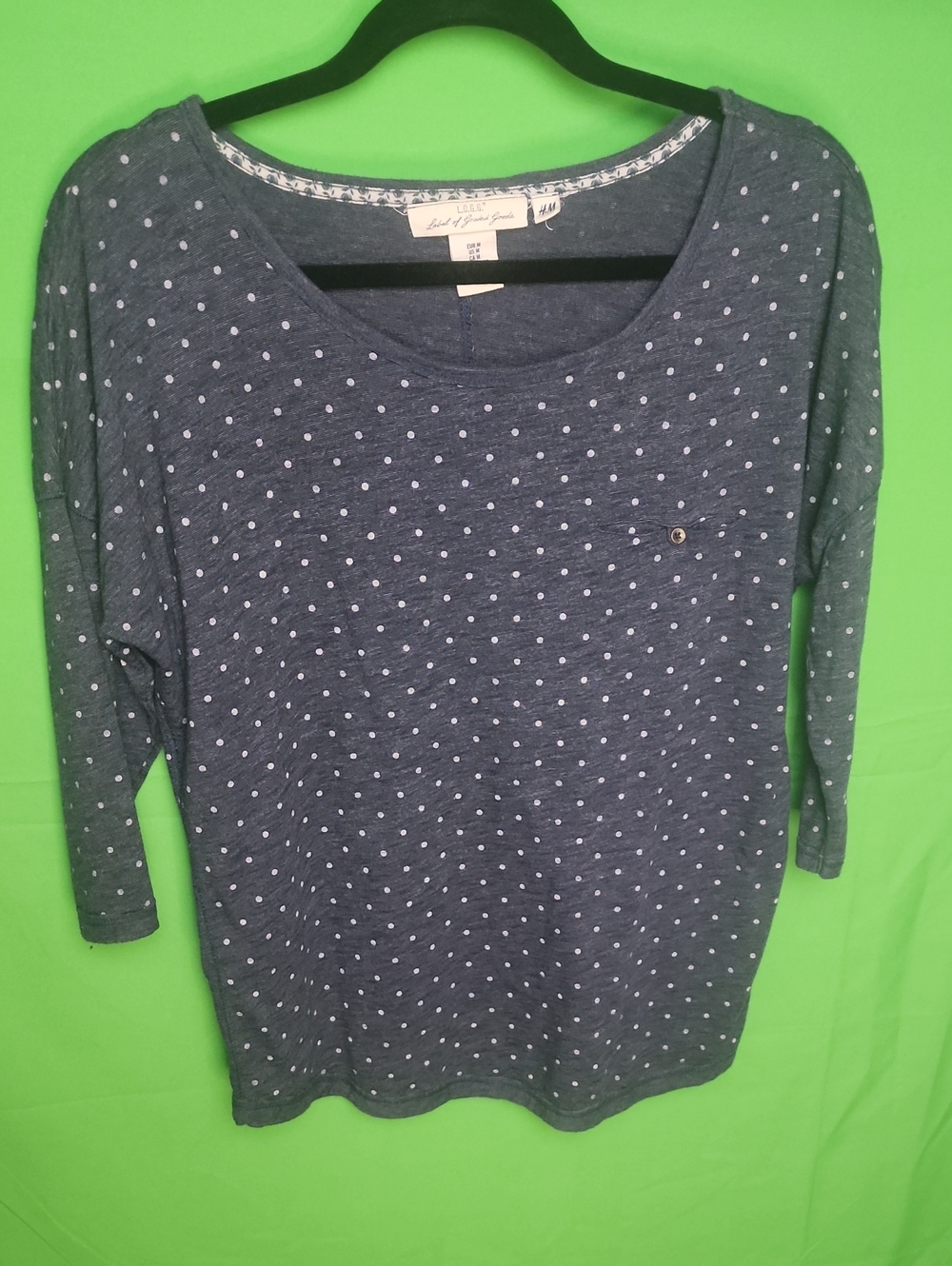 H&M L.O.G.G. Navy Blue Polka Dot Scoop Neck Top Size M